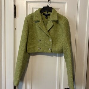 Adorable  2piece green tweed like fabric/metallic thread, crop jacket, skirt